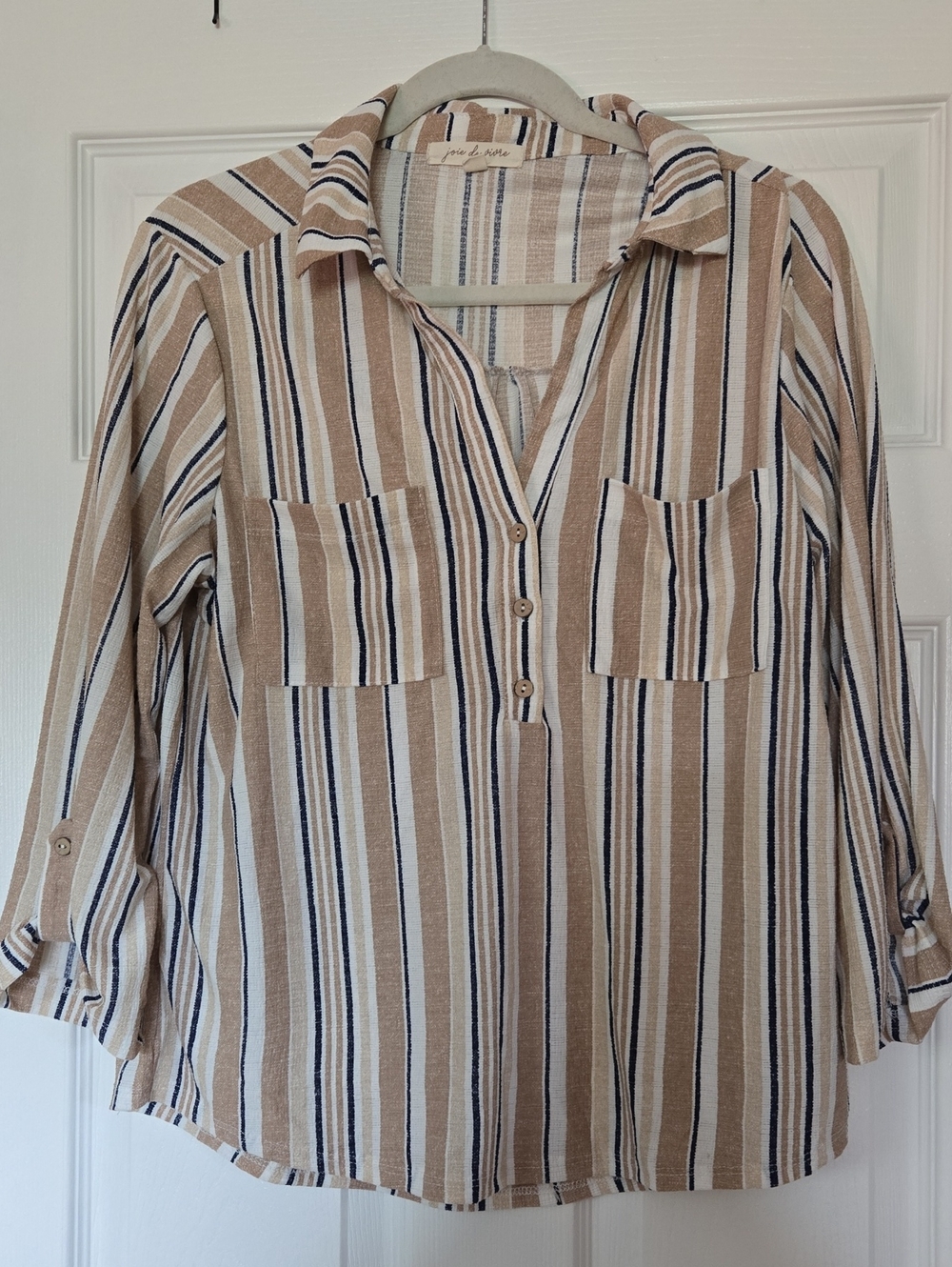 Striped Button-Front Shirt - Beige, Navy & White